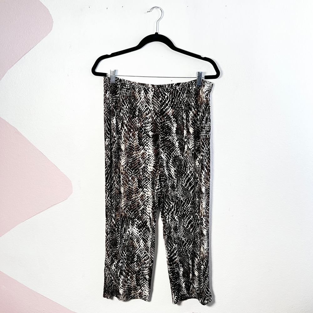 Chico's Travelers Slinky‎ Pants Sz 2 Large Brown Snake Print Wide Leg Cropped